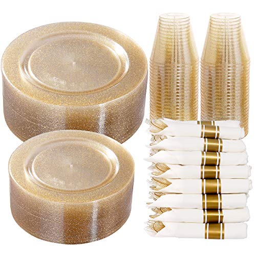 DaYammi 350PCS Gold Glitter Plastic Dinnerware Set for 50 Guests - color: A Glod Glitter, size: 350PCS（50 Guests)