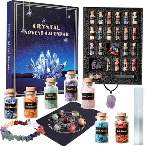 Crystal Advent Calendar 2026 Healing Crystal Natural Gemstone 24 Days Christmas Countdown Calendar for Adult - Natural Crystals Chips Bottles Gift Set for Witch Beginne