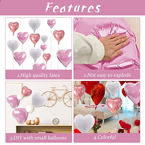 Pink Agate Heart Balloons, 10 Pcs White Foil for Valentine Girls Birthday - color: Glossy-pink White Agate