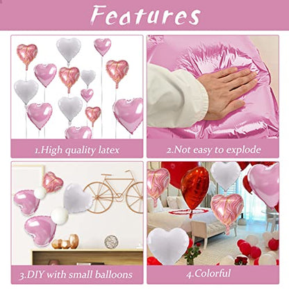 Pink Agate Heart Balloons, 10 Pcs White Foil for Valentine Girls Birthday - color: Glossy-pink White Agate