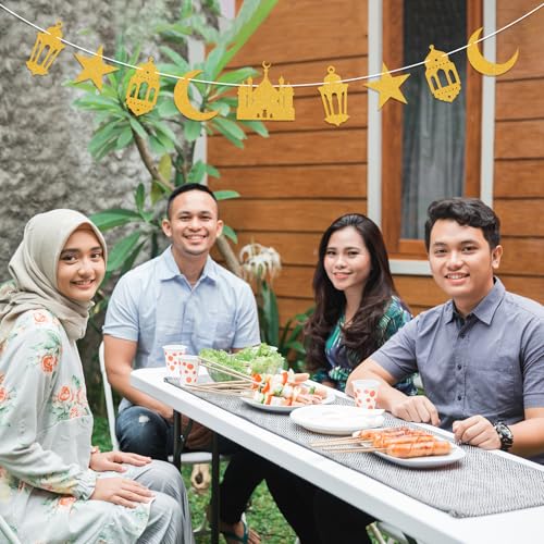 Eid Mubarak Banner, Eid Mubarak Party Hanging Decor Ramadan Mubarak Party Decorations Islamic Starr Moon Mosque Garlands Islam Star Moon Crescent Muslim Party Supplies Gold Glitter