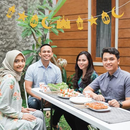 Eid Mubarak Banner, Eid Mubarak Party Hanging Decor Ramadan Mubarak Party Decorations Islamic Starr Moon Mosque Garlands Islam Star Moon Crescent Muslim Party Supplies Gold Glitter
