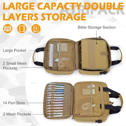 ATRIPACK Tactical Large Bible Cover for Men,Double Layer Bibles Bag With Detachable Book Carrying Case, Covers for Bible Organizer with Zippered Pockets,Church Case with Handle. - color: brown