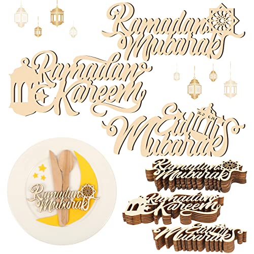24 Pieces Eid Mubarak Plate Setting Hanging Wooden Word Eid Wood Sign Kareem Moon Star Ramadan Decorations Islamic Table Decor for Al Adha Muslim Home Pendant Wall Party Ornaments