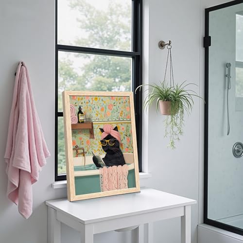 ICHZUMW Framed Funny Black Cat in Bathtub Canvas Bathroom Wall Art 16x24 In - color: Spa Kitty, size: 24"L x 16"W