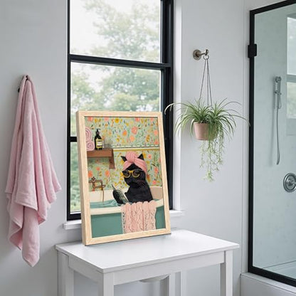 ICHZUMW Framed Funny Black Cat in Bathtub Canvas Bathroom Wall Art 16x24 In - color: Spa Kitty, size: 24"L x 16"W