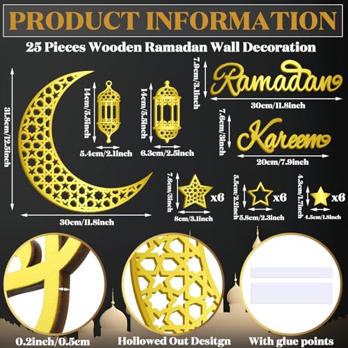 Geelin 23 Pcs Ramadan Decorations for Home 2026 Eid Ramadan Kareem Mubarak Wall Decor Islamic Wooden Gold Moon Star Lantern Wall Art Sign for Living Room Bedroom Muslim Arabic Party Supplies(Kareem) - style: Kareem