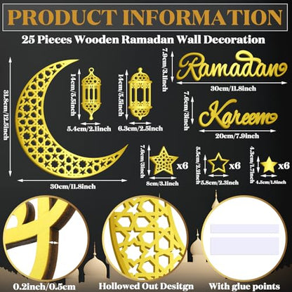 Geelin 23 Pcs Ramadan Decorations for Home 2026 Eid Ramadan Kareem Mubarak Wall Decor Islamic Wooden Gold Moon Star Lantern Wall Art Sign for Living Room Bedroom Muslim Arabic Party Supplies(Kareem) - style: Kareem