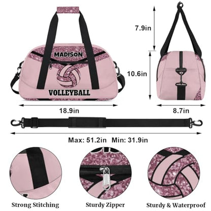 Personalized Volleyball Bag Teens, Custom Gym Bag Name Overnight Duffel Bag for Practice Sports Bag, Light Pink Glittering - color: Dark Pink