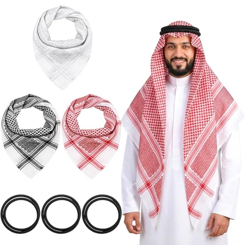 Hacaroa 3 Pack Muslim Shemagh Scarf with Agal Rope, 55"x55" Square Arab Keffiyeh Head Neck Wrap Set with Aqel 22" Circumference, Saudi Dubai Desert Headwear Arab Costume Gift for Men, 3 Colors