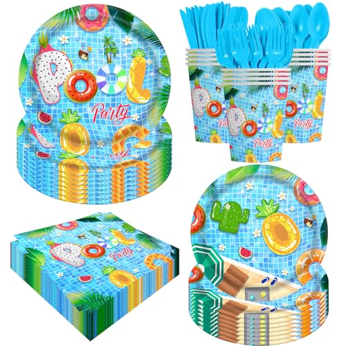 140PCS Summer Pool Party Decorations Set Swimming Beach Ball Themed Birthday, Tropical Hawaii Holiday Tableware Supplies Includes Plates, Napkin, Fork, Cup, Serves 20 - size: Summer Pool - 140pcs