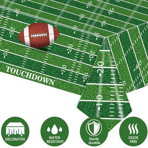 Kesfey Football Tablecloth Green Football Field Touchdown Tablecover 3 Pack | 54 x 108 Inch,Disposable Rectangle Waterproof Plastic,Rugby Football Themed Birthday Table Cloth, Gameday Tailgate, Superbowl - color: Green Football