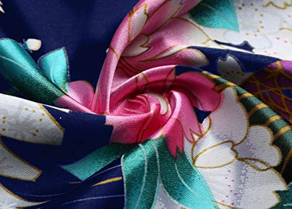 BABEYOND Women's Kimono Robe Long Satin Robes with Peacock and Blossoms Printed Kimono Nightgown - color: Dark Blue, size: One Size Plus