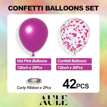 AULE Party Balloons Pack of 42 - Metallic Chrome Hot Pink Balloons and Hot Pink Confetti Latex Helium Balloons With 64ft Ribbons - 12 Inch Balloon Decoration Set - color: Hot Pink