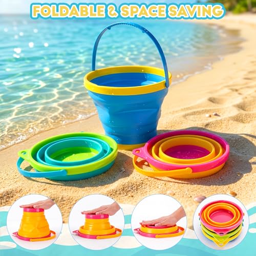 MGparty Collapsible Beach Toys Set for Kids, 3 Pack Foldable Sand Buckets with Shovels Molds Mesh Bag, Portable Travel Sandbox Toys for Toddlers Kids Age 3-10
