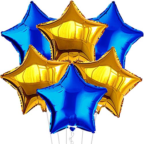 KatchOn, Big Blue And Gold Star Balloons - 18 Inch, Pack of 6 | Blue And Gold Mylar Balloons for Ramadan Decorations | Star Balloon for Back to School Decorations | Foil Balloon for Classroom Decor - color: Gold and Blue