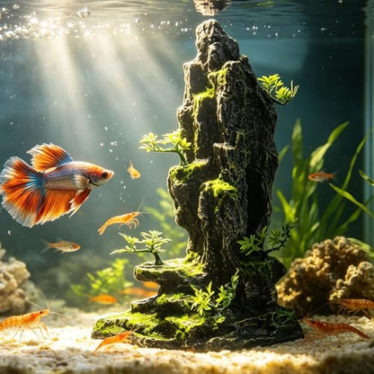 Saim Fish Tank Decorations, 14.4'' Tall Mountain View Stone Aquarium Ornament, Artificial Mountain Hill View Stone Rock Cave Fish Hiding Cave for Betta Amano Shrimp Cichlid to Play,Hide and Rest - A