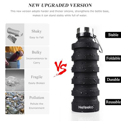 Nefeeko Collapsible Water Bottle, 27oz Reuseable BPA Free Silicone Foldable Portable Leak Proof Sports Water Bottle with Carabiner for Travel Gym Camping Hiking - color: Black-27oz