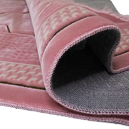 Modefa Turkish Islamic Velvet Prayer Rug - Thick & Wide Soft Praying Carpet for Men & Women - Double Plush Large Janamaz - Eid & Ramadan Gift - with Kufi, Beads & Car Hanger - Geometric Noor (Pink) - color: Pink
