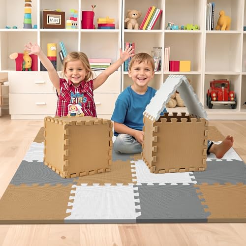 16 Tiles Baby Play Mat for Floor, EVA Foam Baby Floor Play Mat with 0.6 Inch Thick Interlocking Foam Tiles, Foam Floor Tiles for Baby, Toddlers and Kids (Brown-Gray-White, 16PCS) - color: Brown-gray-white, size: 16 PCS
