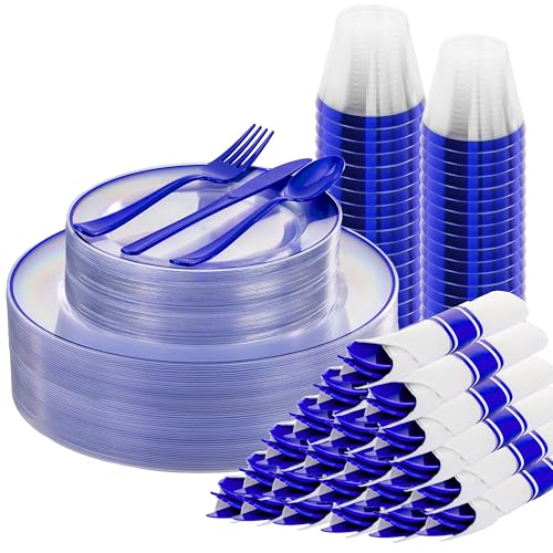 SUT 175 Pcs Blue and Clear Plastic Dinnerware Set for 25 Guests, Include: 25 Dinner Plates, 25 Dessert Plates, 25 Pre Rolled Napkins With Silverware, 25 Cups, Disposable Plates for Party, Wedding - color: Clear Blue, size: 175PCS