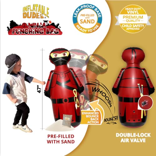 INFLATABLE DUDES Red Ninja Toy 47” - Kids Punching Bag | Sand-Base | Bop Bag, Pre-filled with Sand, Inflatable Toy, Punching Bag for Kids, Enhanced Bounce-Back Action, Indoor/Outdoor - color: Red Samurai Standard Ninja | Pre-filled with Sand