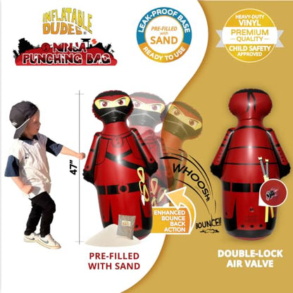INFLATABLE DUDES Red Ninja Toy 47” - Kids Punching Bag | Sand-Base | Bop Bag, Pre-filled with Sand, Inflatable Toy, Punching Bag for Kids, Enhanced Bounce-Back Action, Indoor/Outdoor - color: Red Samurai Standard Ninja | Pre-filled with Sand