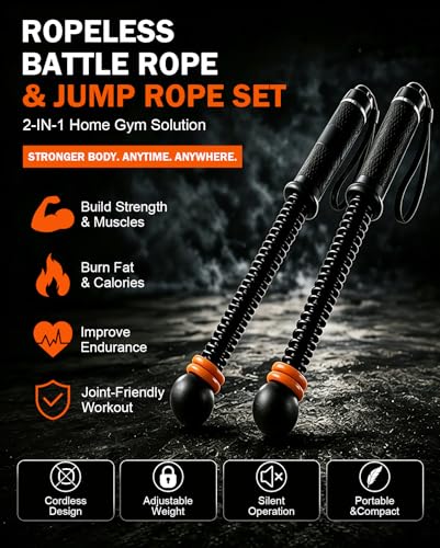 Battle Ropes for Home Gym, 2 in 1 Cordless Battle Ropes and Jump Rope with Counter, Adjustable Weight, Quiet Portable Workout Equipment for Men Women, 44cm Steel Spring Exercise Rope Set