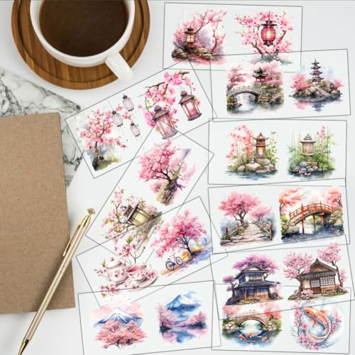20 Pcs Oriental Courtyard UV DTF Cup Wraps, 4.3 x 9.4 Inch Cherry Blossom UV DTF Transfer Stickers Flower Waterproof Rub on Transfer Decals for 16OZ Glass Bottle Vase Furniture Crafts - style: Oriental Courtyard