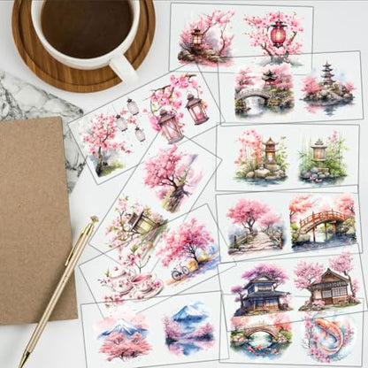 20 Pcs Oriental Courtyard UV DTF Cup Wraps, 4.3 x 9.4 Inch Cherry Blossom UV DTF Transfer Stickers Flower Waterproof Rub on Transfer Decals for 16OZ Glass Bottle Vase Furniture Crafts - style: Oriental Courtyard