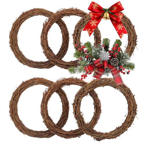 6 Pcs 12 Inch Natural Grapevine Wreath, Natural Rattan Wreath,Hand-Woven 12 Inch Vine Branch Wreaths, Perfect for DIY Crafts, Christmas Decorations, and Wedding Supplies - size: 6 Pcs 12 Inch