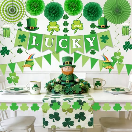 St. Patrick's Day Decorations Kit Shamrock Garlands Hanging Swirls Lucky Banner for Saint Patrick's Day Party Decor, Green Paper Fans Pom Poms Irish Decor for Home Saint Patrick Party Supplies - style: St. Patrick's Day