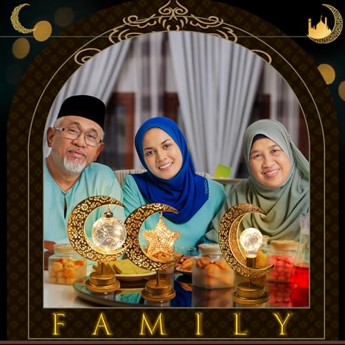 Tujoe 3 Pcs Ramadan Decorations for Home Rustic Moon Lamp Ramadan Star Moon Metal Lights Battery Operated LED Crescent Light Eid Decorations for Home Bedroom Table Ramadan Eid Mubarak Party Decor