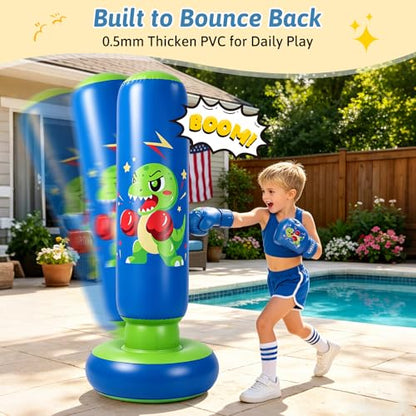 RORALA 66 Inch Inflatable Punching Bag for Kids with Boxing Gloves, Children's Boxing Bag Set Dinosaur Toy & Gifts for Boys Girls Aged 3 to 12 to Practice Karate, Taekwondo