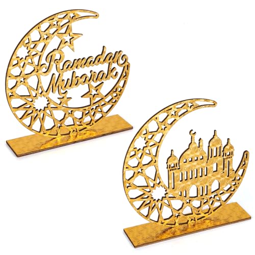 2 Pieces Wood Ramadan Decorations Islamic Eid Mubarak Kareem Table Sign Moon Hollow Star Ornament for Muslim Party Tabletop Decor Home Art Craft Decoration Golden Moon - color: Ram