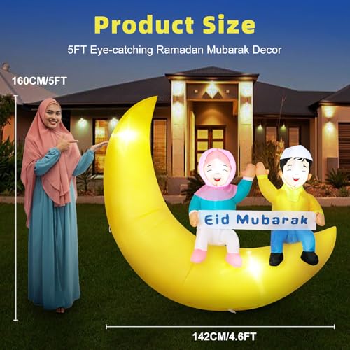 Dawdix 5FT Ramadan & Eid Mubarak Inflatable Decorations with LED Lights, Outdoor Ramadan Yard Decor with Crescent Moon & Replaceable Banners