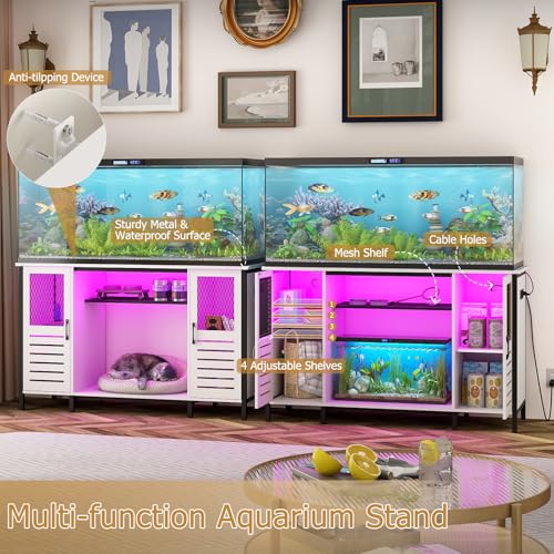 BREEZEHEAT 75 Gallon Fish Tank Stand with Power Outlet, LED Light, 1250lbs Capacity, 55-75 Gallon Heavy Duty Metal Aquarium Stand with Cabinet, Terrarium stand Suitable for Turtle & Reptile Tank, White