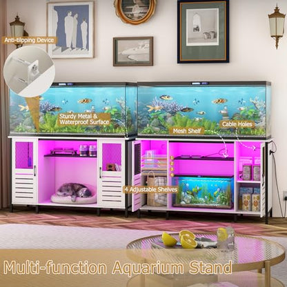 BREEZEHEAT 75 Gallon Fish Tank Stand with Power Outlet, LED Light, 1250lbs Capacity, 55-75 Gallon Heavy Duty Metal Aquarium Stand with Cabinet, Terrarium stand Suitable for Turtle & Reptile Tank, White