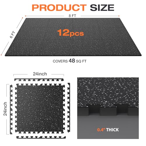 0.4'' Thick 12 Pcs 48 Sq Ft Non-Slip Rubber Top Exercise Equipment Mats, High Density EVA Foam Mats with Rubber Top, Interlocking Puzzle Gym Flooring for Home Gym, Workout Floor Mats, Black - size: 24"L x 24"W x 0.4"Th