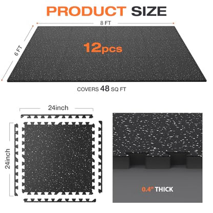 0.4'' Thick 12 Pcs 48 Sq Ft Non-Slip Rubber Top Exercise Equipment Mats, High Density EVA Foam Mats with Rubber Top, Interlocking Puzzle Gym Flooring for Home Gym, Workout Floor Mats, Black - size: 24"L x 24"W x 0.4"Th