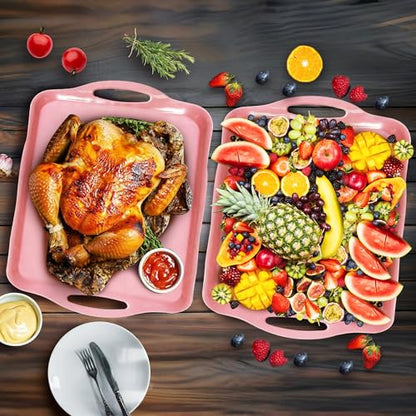 LEHAHA Large Non Slip Serving Tray with Handles, 17.25 x 12 Inch Melamine Serving Platter with Curved Sides, Dinner Tray for Lunch, Coffee, or Breakfast, 4pcs Set, Silicone placemats Included,Pink - color: Pink