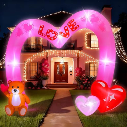 Lewondr 8FT Valentine's Day Inflatable Outdoor Decorations, Lovely Bear Pink Love Blow up Archway Romantic Yard Decoration with 8 Build-in Lights, Valentine's Inflatable Decor for Lawn Party Wedding - style: Archway