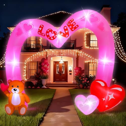 Lewondr 8FT Valentine's Day Inflatable Outdoor Decorations, Lovely Bear Pink Love Blow up Archway Romantic Yard Decoration with 8 Build-in Lights, Valentine's Inflatable Decor for Lawn Party Wedding - style: Archway