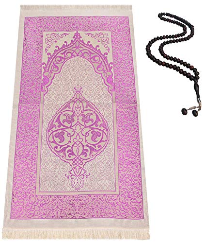 BAYKUL Muslim Prayer Rug-Islamic Turkish Velvet Rugs-Great Ramadan Gifts-Janamaz Prayer Mat for Women Men-Portable Carpet Muslims Mats-Praying Rugs Islam-Sajadah-Gift Praying Beads 99 (White-Pink) - color: White-pink