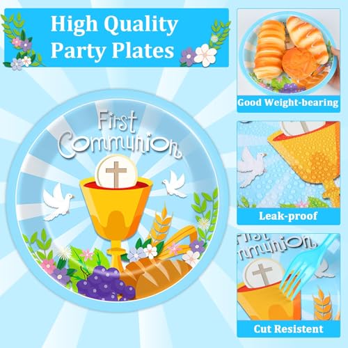 Qyeahkj 100 Pcs Baptism Plates and Napkins, First Holy Communion Party Blue Paper Disposable Tableware Decorations for Boys God Bless Decor for Christening Celebration Party Baby Shower, Serves 25 - style: First Holy Communion