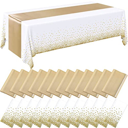Breling 24 Packs White and Gold Disposable Plastic Tablecloths and Satin Table Runner Set, 54 x 108 Inch Tablecloth, 12 x 108 Inch Table Runners for Wedding Graduation Birthday Baby Shower - color: White and Gold