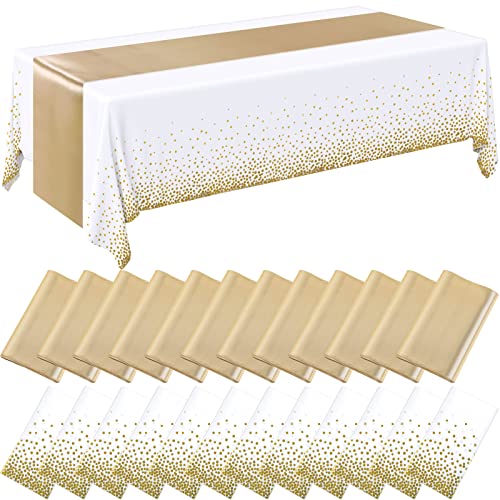 Breling 24 Packs White and Gold Disposable Plastic Tablecloths and Satin Table Runner Set, 54 x 108 Inch Tablecloth, 12 x 108 Inch Table Runners for Wedding Graduation Birthday Baby Shower - color: White and Gold