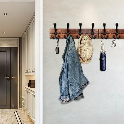 IBosins Wall Mounted Coat Rack, 31-2/5'' Long, Entryway Hanging Rack, Metal Wood Coat Hooks Rack with 8 Black Rustic Tri-Hooks Rail for Coat, Bag, Towel, Key, Hat, Umbrella - color: Brown