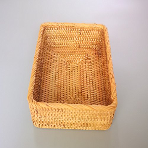 Handmade Rectangle Wicker Fruit Box Rattan Tray Magazine Organizer and Small Objects Container Serving Basket (Large) - size: Large