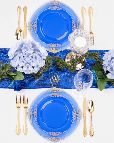 Nervure 175PCS Clear Blue Plastic Plates - Plastic Dinnerware Set Include 25Dinner Plates, 25Dessert Plates, 25Cups, 25Forks, 25Knives, 25Spoons, 25Napkins Perfect for Wedding & Party - color: Transparent Blue, style: 175Pcs(25Guests)